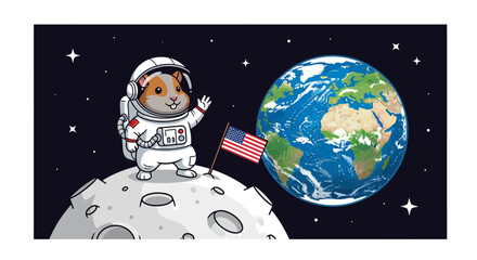 Naklejka premium Guinea Pig Astronaut on Moon Waving with US Flag, Earth in Background