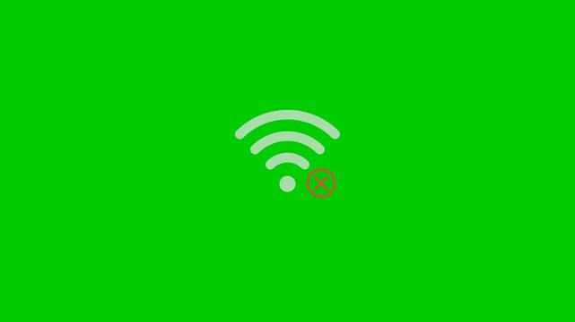 No wifi signal animation with X mark on green screen overlay. No internet connection, lost wireless