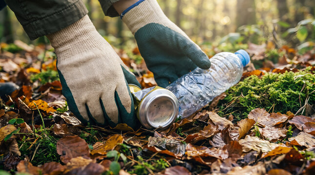 Volunteer in gloves collects garbage selective focus