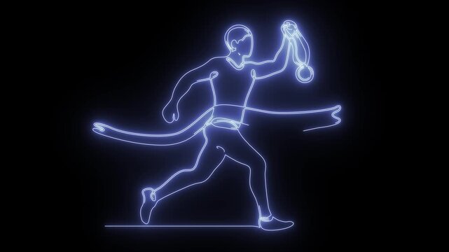 Continuous One Line Drawing Animation Of Glowing Runner Winning Finish Line Holding Medal