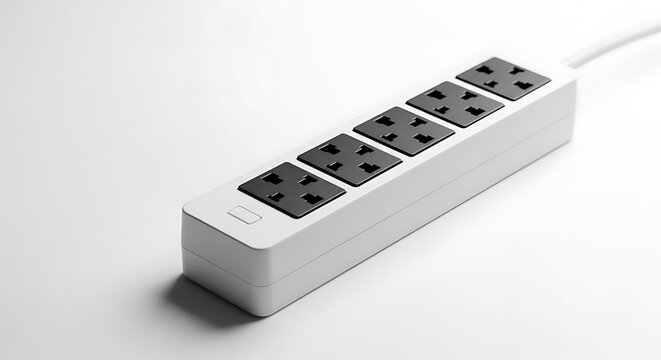 A white power strip with four black electrical outlets on a clean white background surface