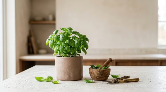 Fresh basil plant in a terracotta pot with a wooden mortar and pestle on a kitchen counter, conceptual storytelling narrative of culinary arts.