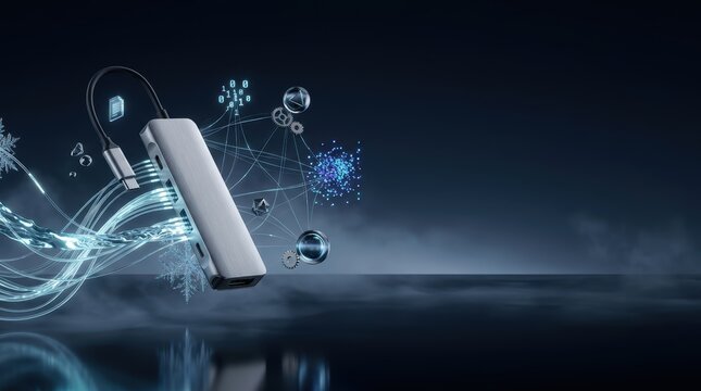 Digital USB-C hub connectivity with glowing data streams and ice crystals in surreal photography style, showcasing high-speed transfer and cooling technology on dark background.