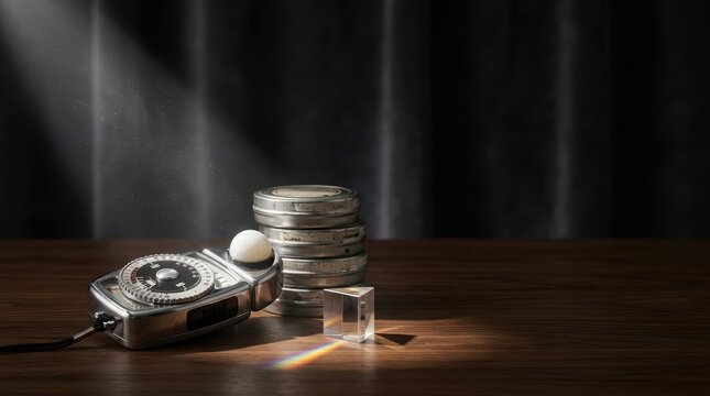 Vintage Light Meter and Film Canisters with Prism Rainbow, Conceptual Storytelling Narrative of Classic Cinematography and Science