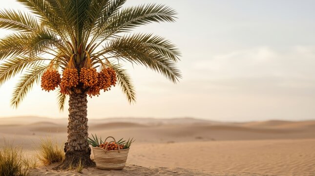 Conceptual storytelling narrative of a date palm tree bearing fruit in a desert landscape with a woven harvest basket