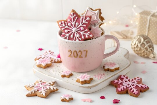 Pink cup filled with decorated snowflake cookies and number 2027