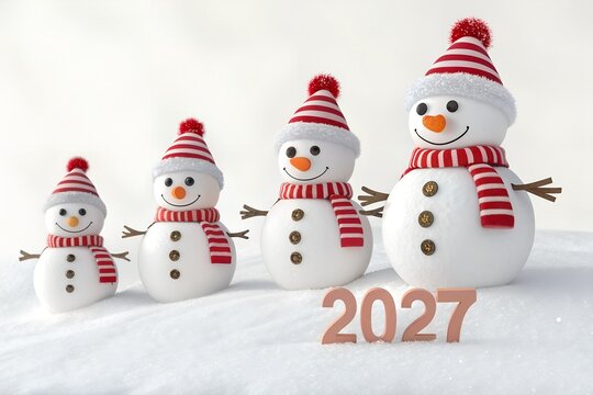Four cute handmade snowmen figures in red and white striped hats standing