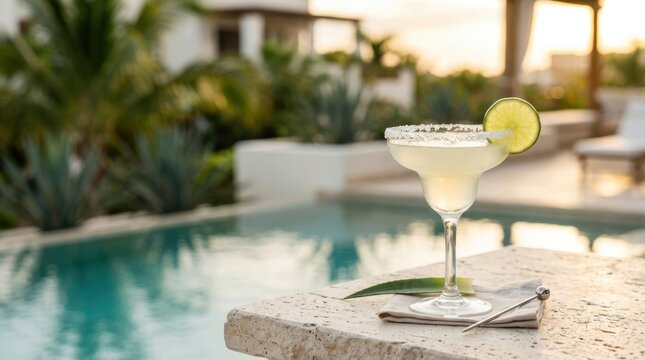 Luxury poolside margarita cocktail at sunset in a tropical resort, a conceptual narrative storytelling the ultimate summer vacation experience and relaxation getaway.