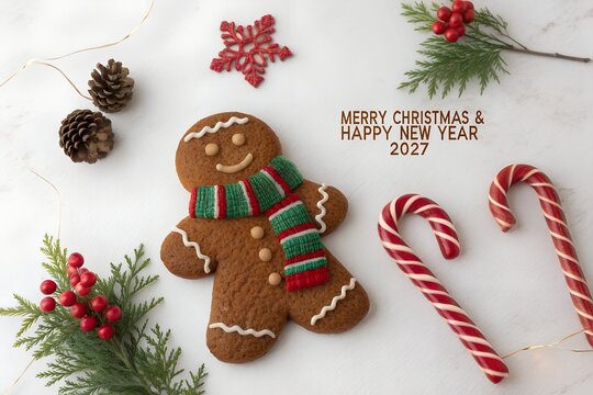 Gingerbread man cookie with scarf and candy canes for christmas 2027