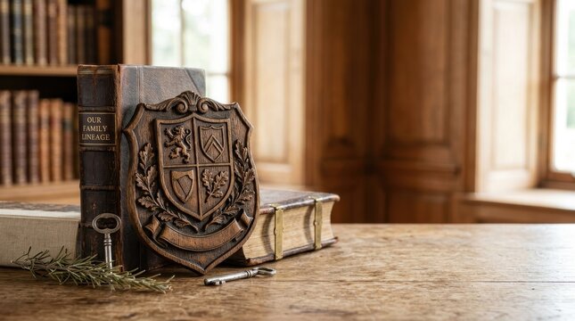 Ancestry and Family Heritage Concept with Lineage Book and Carved Crest, Faith and Spirituality Photography, Copyspace
