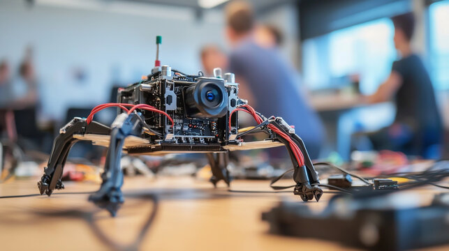 Advanced mechanical spider robot prototype equipped with camera lens and electronic wiring standing on a workbench engineering project tech device