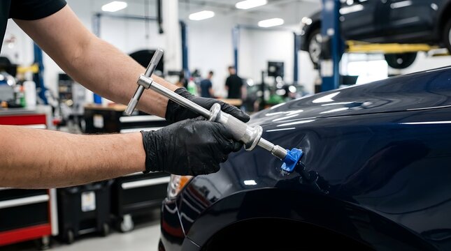 Professional technician using specialized slide hammer tool for paintless car dent repair in workshop