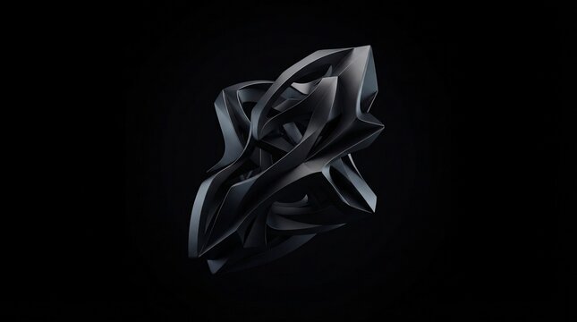 Abstract 3D matte black organic sculpture with sharp metallic edges isolated on dark background for futuristic graphic design
