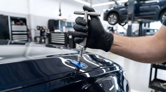 Professional technician using paintless dent repair tool to fix car body damage in auto garage