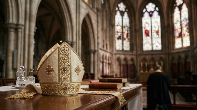 Bishop's mitre and ceremonial items on an altar in a gothic cathedral with a kneeling priest, faith and spirituality photography, copyspace