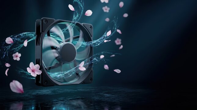 Abstract computer cooling fan with cherry blossom petals and blue energy trails, surreal photography concept