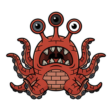 Red cartoon alien monster with three eyes and sharp teeth