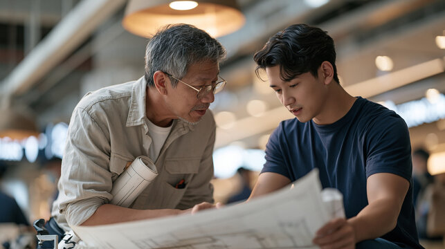 An experienced roofer passing down technical blueprint knowledge to a junior apprentice indoors under warm lamplight, a rolled blueprint tucked under the elder's arm, a couple