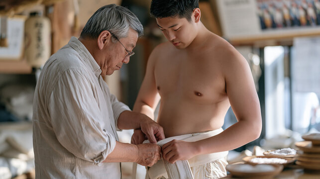 A sumo stable practice coach demonstrates grip technique to a student, close up of careful hands locking on a belt, a children's choir rehearsal poster visible on the busy urban