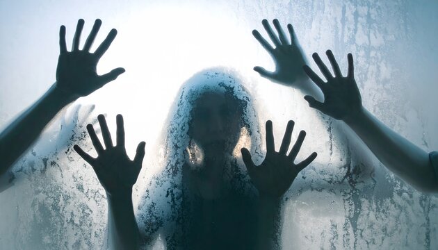 Shadowed Face Pressed Against Foggy Glass