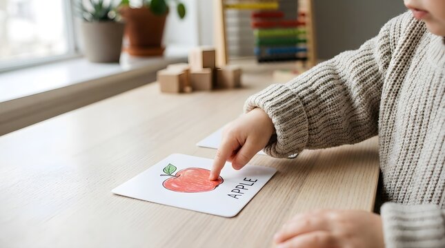 Toddler Hand Pointing at Apple Flashcard for Early Childhood Education and Language Development
