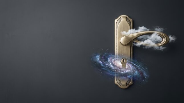 Surreal photography of a golden door handle with a cosmic galaxy spiral around the keyhole and white clouds on a dark gray background representing mystery and discovery
