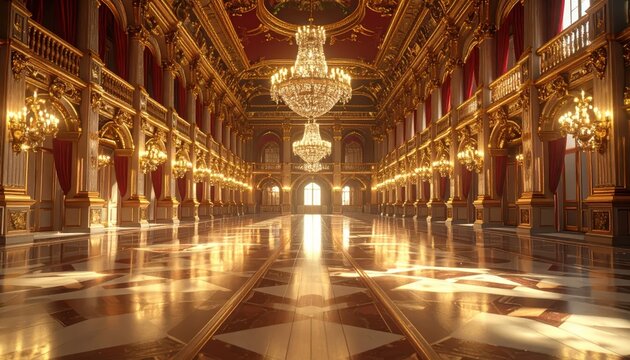 Opulent Palace Ballroom with Ornate Gold Details, Crystal Chandeliers, and Polished Marble Floor for Luxury Events with Ample Copy Space