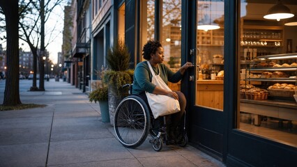 Obraz premium A wheelchair user who owns a small independent neighborhood bakery unlocking the glass storefront early in the morning while carrying a plain reusable