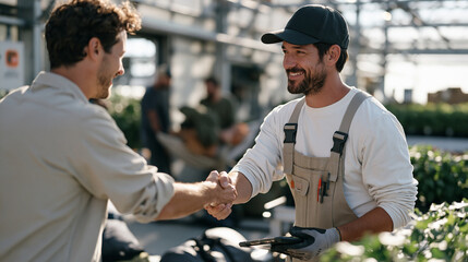 Naklejka premium A greenhouse cultivation worker handing off plant monitoring duties to the night shift colleague in a rural growing facility, a solo focused moment captured mid handshake between