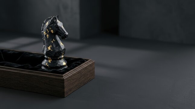Conceptual and storytelling narrative of a luxury black knight chess piece with gold flakes in a wooden box, symbolizing strategy, leadership, and elite success.