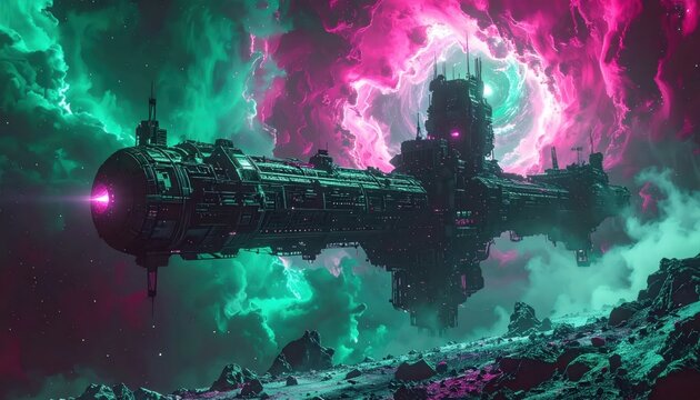 Epic neon space battleship gliding through cosmic nebula.