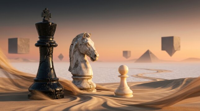 Surreal photography of giant chess pieces on a desert landscape with floating geometric cubes and pyramids under a sunset sky.