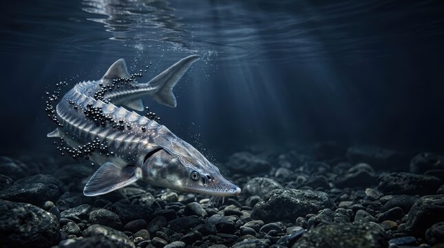 Conceptual narrative of a sturgeon swimming underwater with floating black caviar pearls, storytelling visual representing marine life and luxury delicacy.