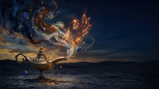 Conceptual storytelling narrative of a magic lamp in the desert with mystical glowing smoke forming a hand and floating gems under a starry night sky