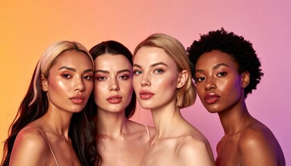 Fototapeta premium Portrait of four beautiful multiethnic women with glowing skin and natural makeup over a vibrant gradient background with copy space for skincare brand messaging.