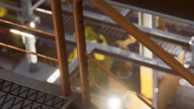 The scene shows industrial steps leading down to a factory floor. Machinery works in the background with bright lights illuminating the area. Workers may be present.