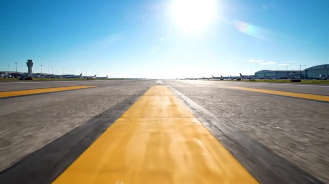 Wide runway perspective with bright yellow centerline under clear sky at an airport.