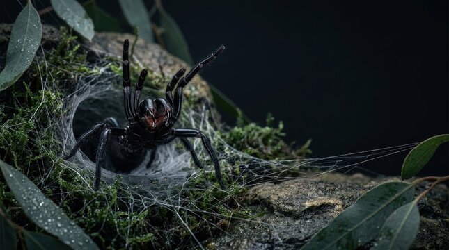 Conceptual storytelling narrative of a dangerous black spider emerging from its funnel web burrow, showcasing the lethal beauty of this venomous predator in a dark forest.