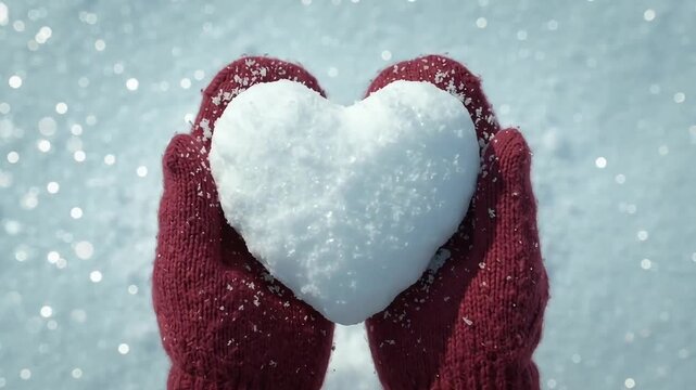 Hands rotating a heart shaped snowball in winter