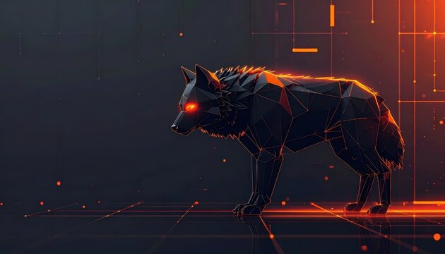 Futuristic low poly wolf with glowing orange light and dark background featuring copy space