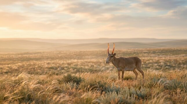 Majestic Saiga Antelope Standing in Golden Sunrise Steppe Landscape; Serene Wildlife and Nature Scene for Faith and Spirituality Photography with Copyspace