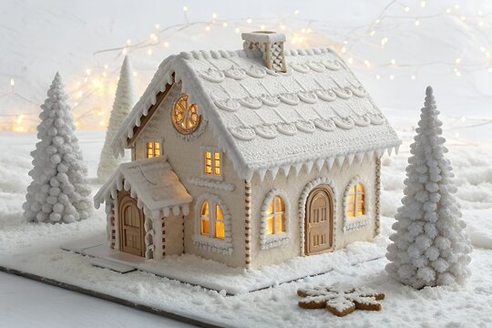 White frosted gingerbread house surrounded by miniature christmas trees