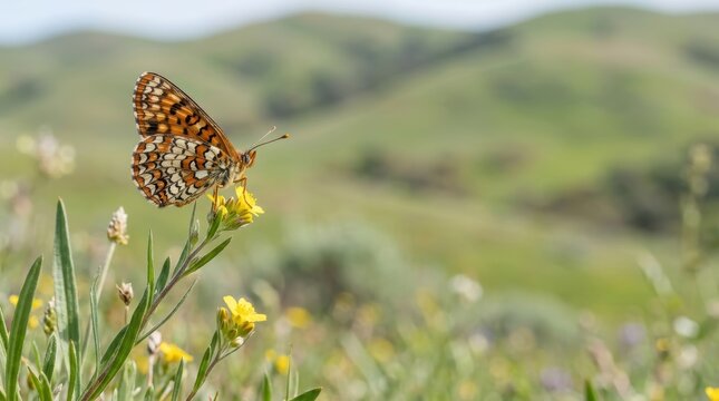 A narrative and conceptual storytelling shot of an orange fritillary butterfly resting on a yellow wildflower in a lush green meadow with rolling hills.
