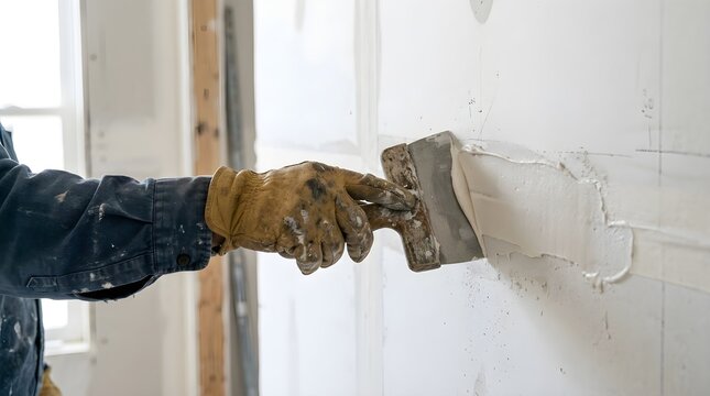 Professional worker applying white joint compound to drywall seams with a metal putty knife tool
