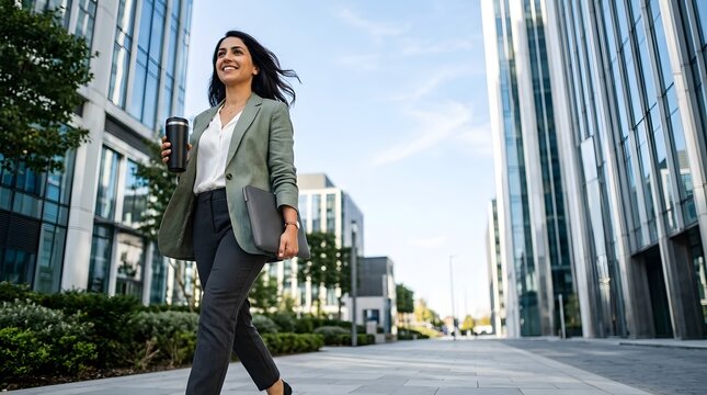 Business professional walking outside a modern building uniquely presented