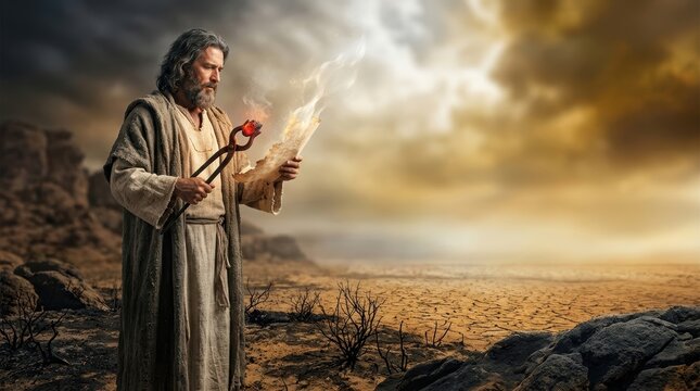 Conceptual storytelling narrative of an ancient biblical prophet in a cracked desert, holding a glowing hot coal with tongs to a parchment scroll under a dramatic sky.