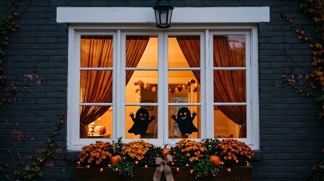 Halloween decorated window or fireplace with glowing pumpkins wonderfully crafted