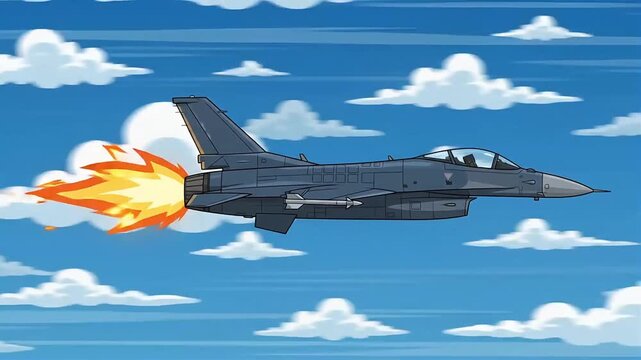 Cartoon Fighter Jet Flying with Afterburner Flame in Blue Cloudy Sky