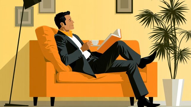 A man in a suit sitting on an orange couch with a cup of coffee and reading a book.