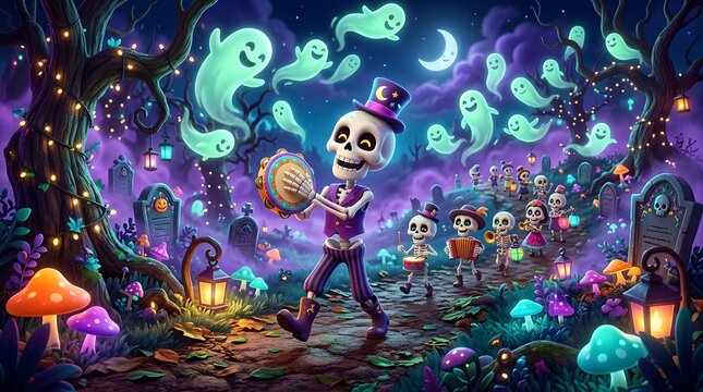 Spooky glowing skulls or ghosts for Halloween magnificently composed